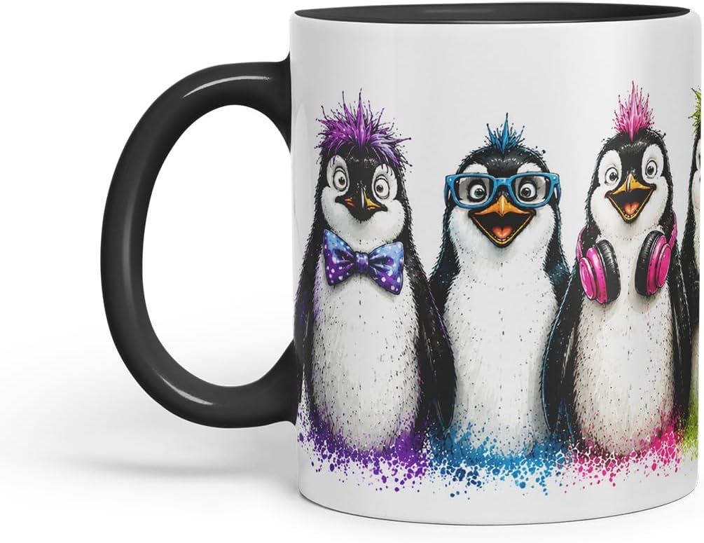 Penguin Mug – Cute Penguins Coloured Ceramic Mug Cup Gift, 11oz (Black)