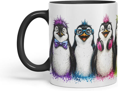 Penguin Mug – Cute Penguins Coloured Ceramic Mug Cup Gift, 11oz (Black)