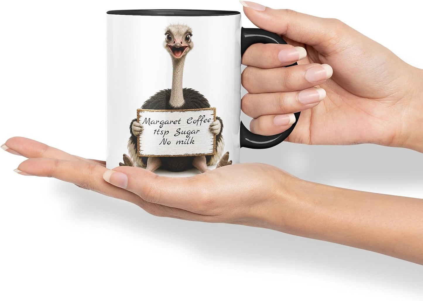 Vixar Personalised Ostrich Mug with Name or Custom Message – Cute Animal Coloured Ceramic Mug Cup Gift, 11oz (Black)