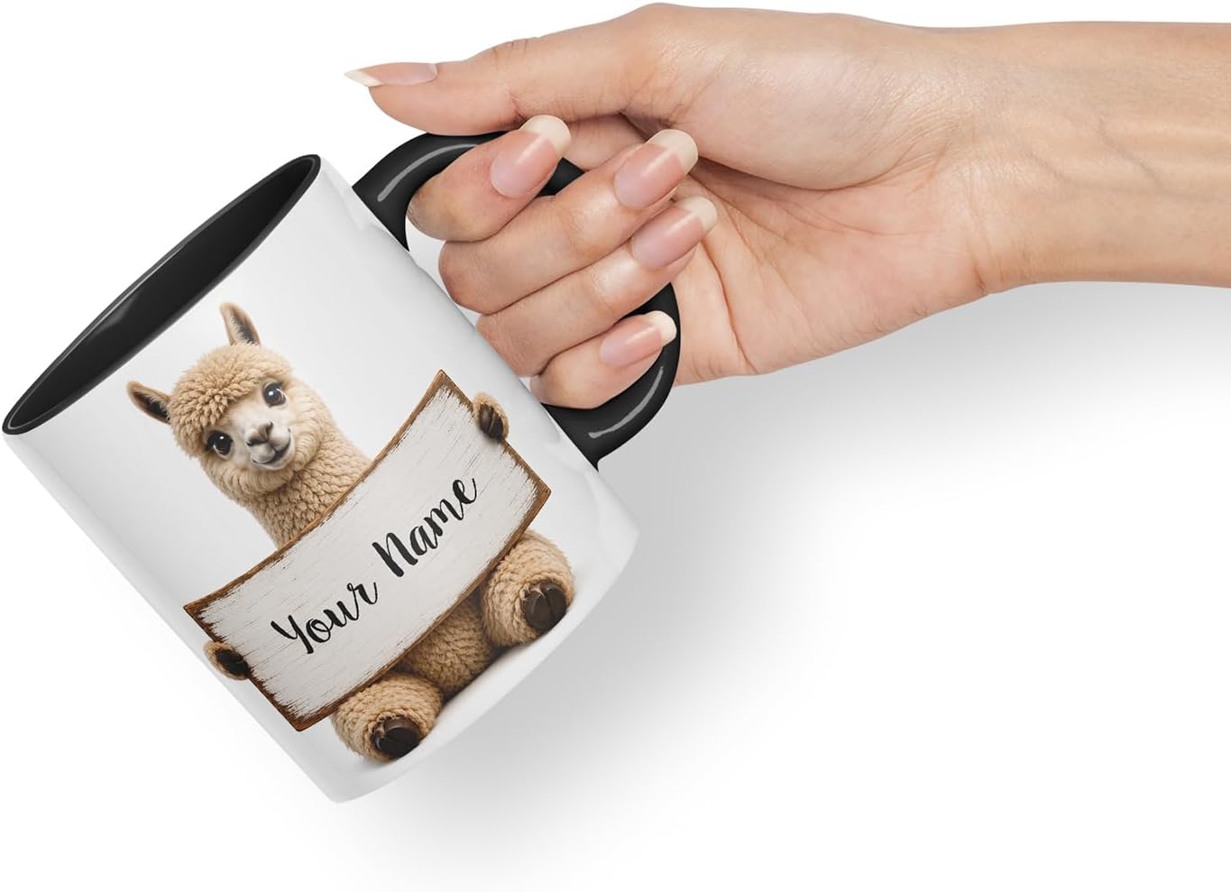 Vixar Personalised Alpaca Mug with Name or Custom Message – Cute Animal Coloured Ceramic Mug Cup Gift, 11oz (Black)
