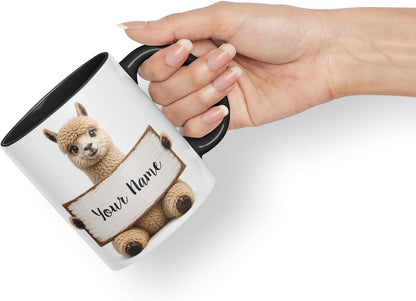 Vixar Personalised Alpaca Mug with Name or Custom Message – Cute Animal Coloured Ceramic Mug Cup Gift, 11oz (Black)