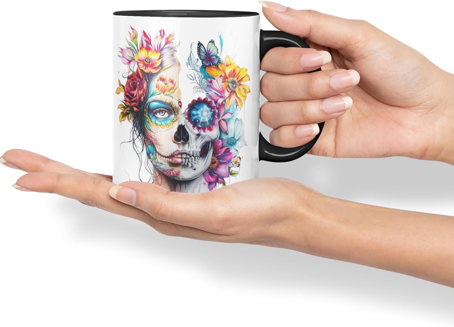 Vixar Sugar Skull Floral Woman Mug – Artistic Day of The Dead Design, Boho Coloured Mug Cup V1 (Pink)