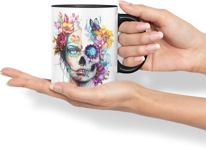 Vixar Sugar Skull Floral Woman Mug – Artistic Day of The Dead Design, Boho Coloured Mug Cup V1 (Pink)