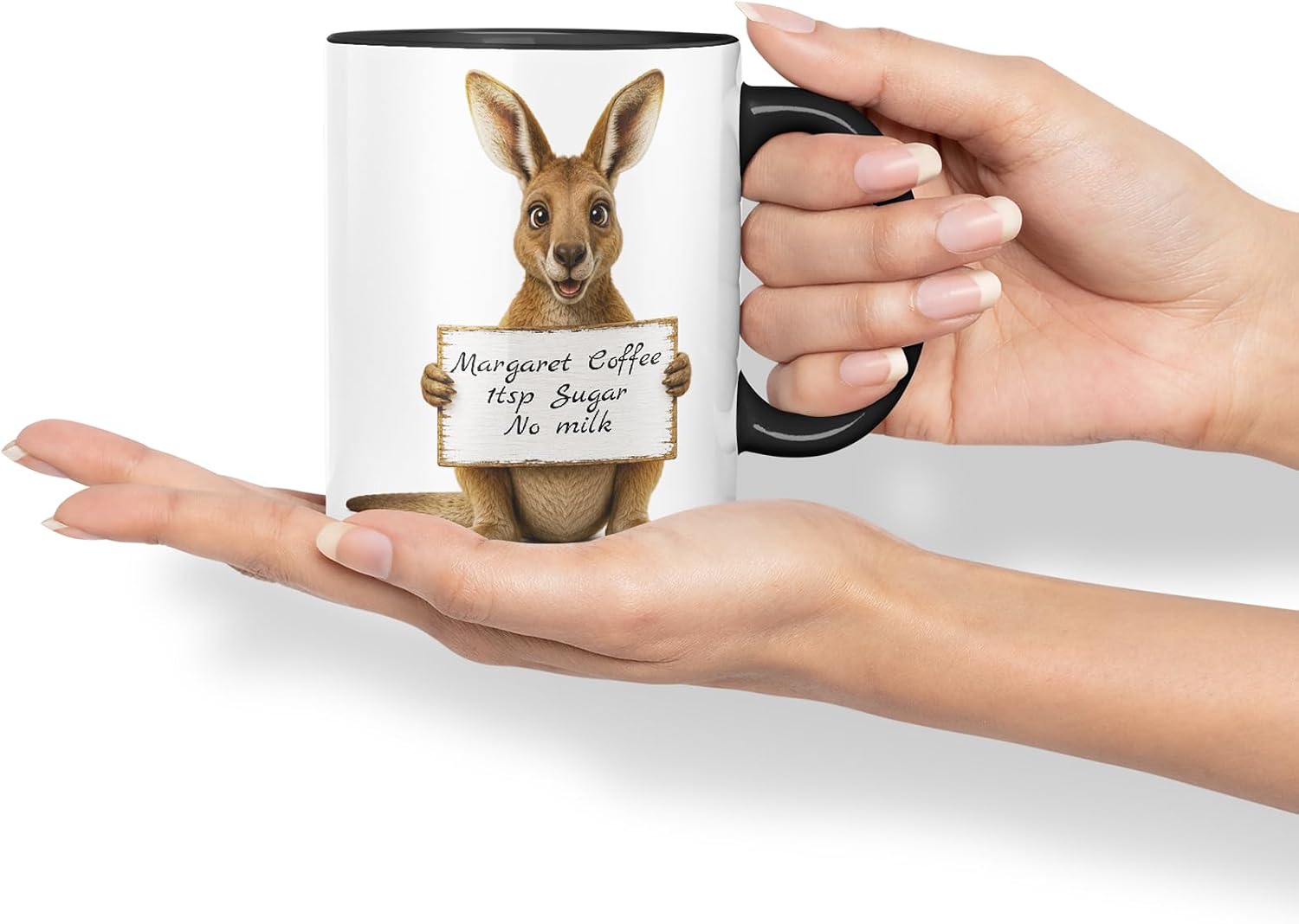 Vixar Personalised Kangaroo Mug with Name or Custom Message – Cute Animal Coloured Ceramic Mug Cup Gift, 11oz (Black)