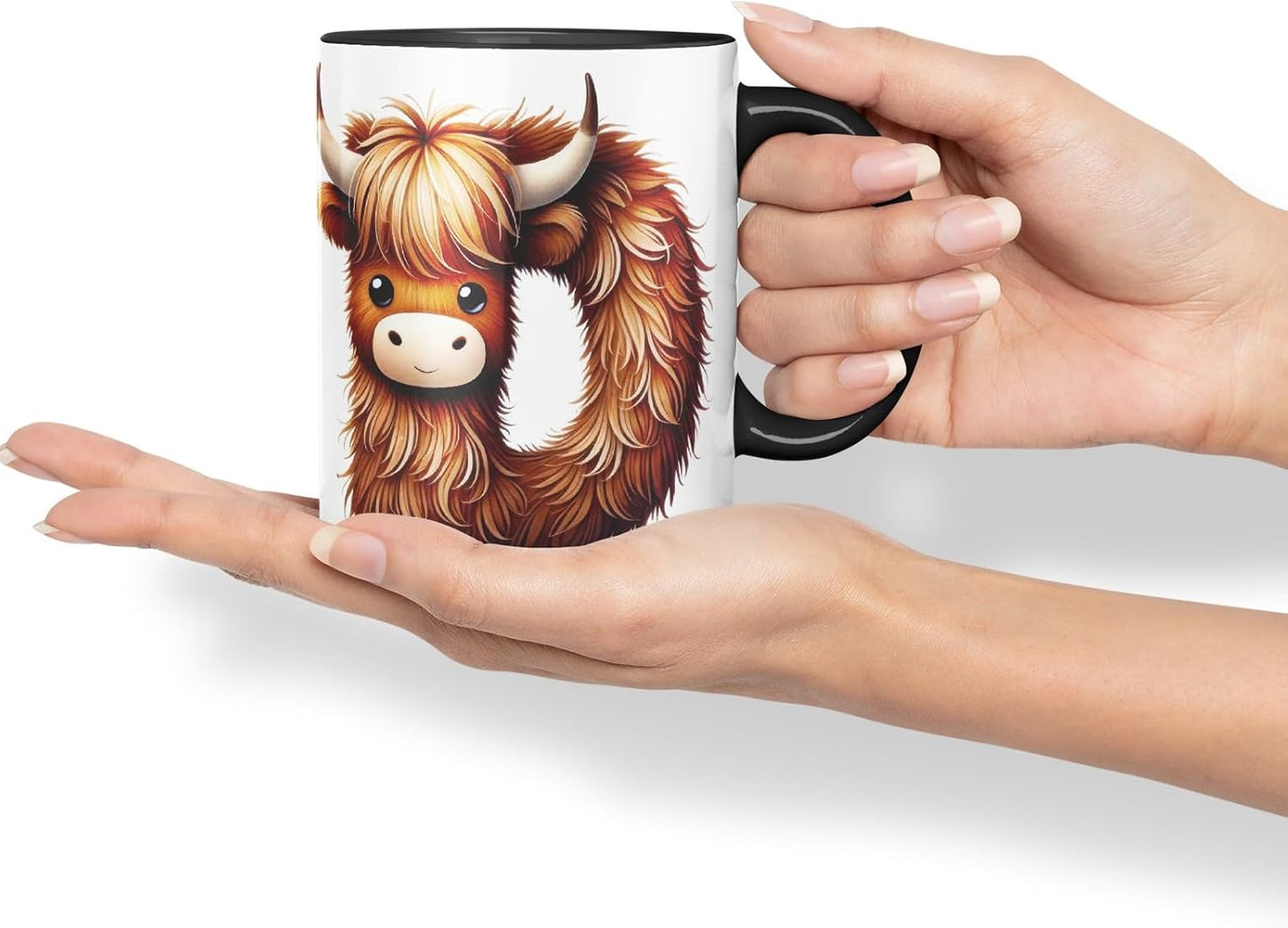 Highland Cow Alphabet Monogram Coloured Ceramic Cup Mug Letter D Rustic Farmhouse Animal Letter Gift V2 11oz (Black)