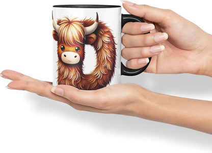 Highland Cow Alphabet Monogram Coloured Ceramic Cup Mug Letter D Rustic Farmhouse Animal Letter Gift V2 11oz (Black)