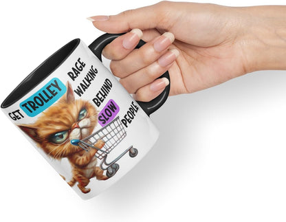 Vixar Trolley Rage Cat Mug – Angry Cat Shopping Quote – Coloured Ceramic Mug Cup Gift, 11oz (Black)