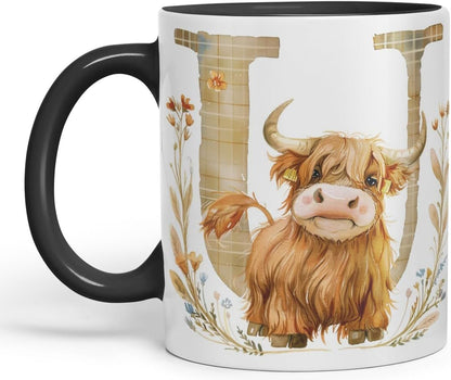Vixar Highland Cow Alphabet Monogram Coloured Ceramic Cup Mug – Letter U – Rustic Farmhouse Animal Letter Gift – 11oz (Black)