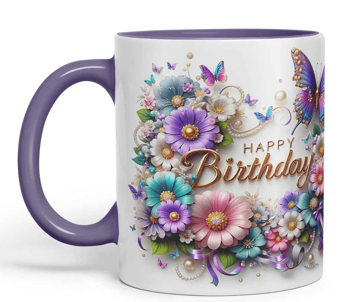 Vixar Happy Birthday Floral Wreath Butterflies Coloured Ceramic Mug Cup Gift 11oz V13 (Black)