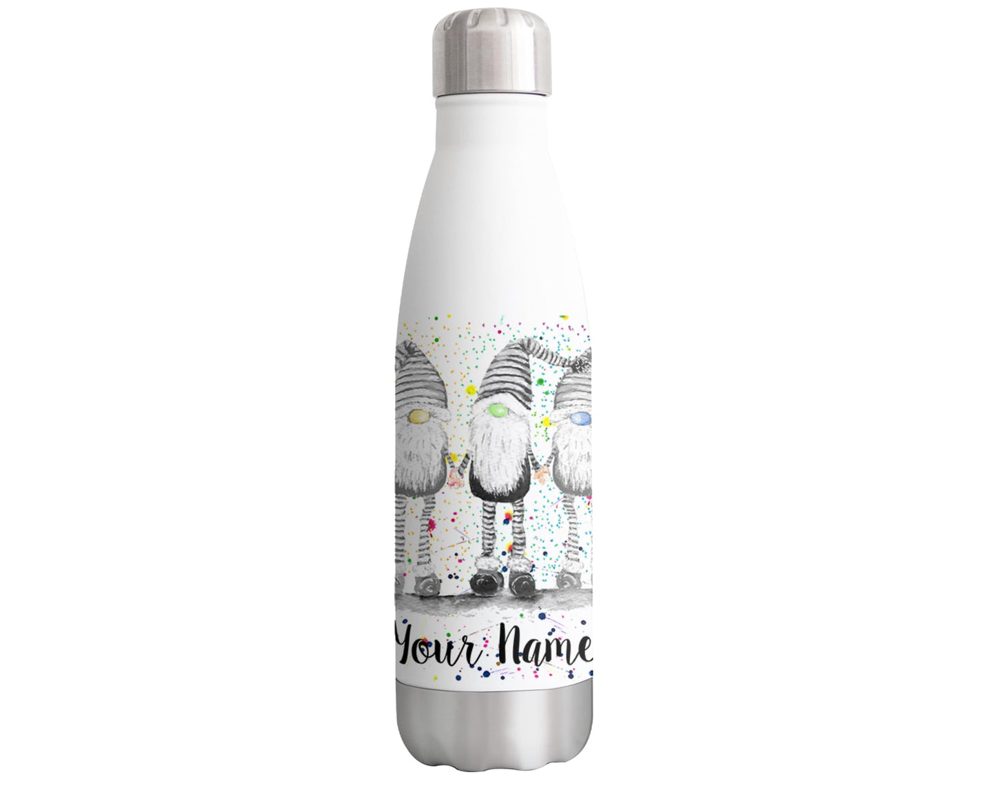 Vixar Grey Gonk Personalised Custom Bottle with your Text/name Gnome Watercolour Bottle Double Wall Insulated Stainless Steel Sport Drinks 500ml