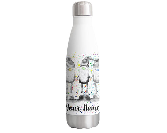 Vixar Grey Gonk Personalised Custom Bottle with your Text/name Gnome Watercolour Bottle Double Wall Insulated Stainless Steel Sport Drinks 500ml