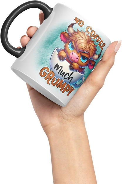 Vixar No Coffee Much Grumpy Highland Cow Coloured Ceramic Mug Cup Gift for Coffee Lovers 11oz (Black)