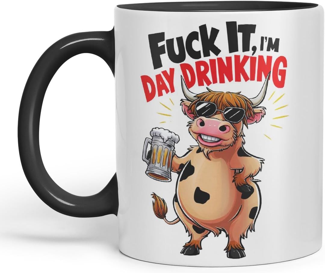 Vixar It I’m Day Drinking (Cow) – Coloured Ceramic Mug Cup Gift, 11oz (Black)