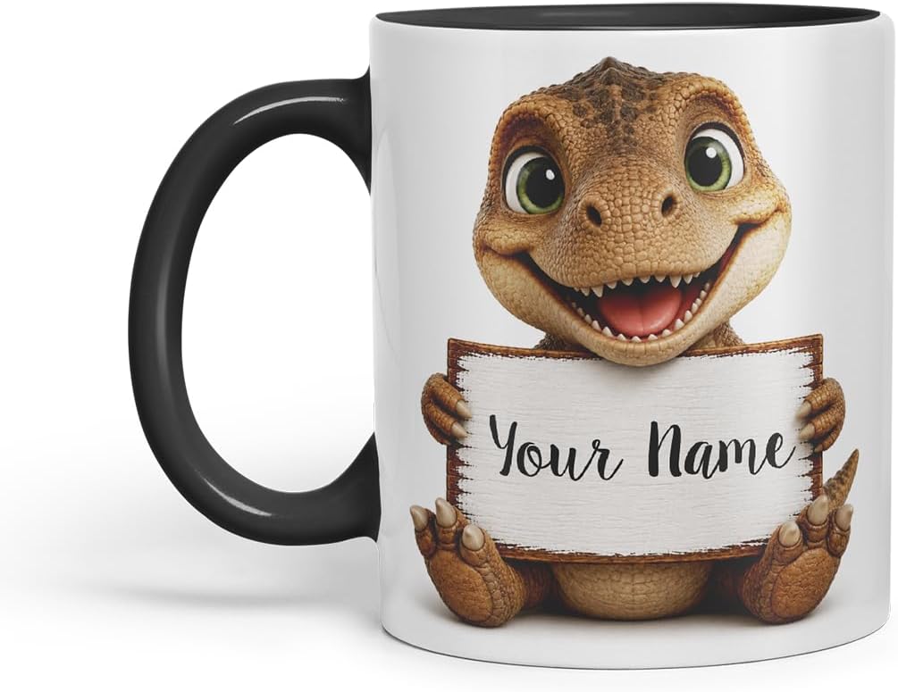Vixar Personalised T Rex Dinosaur Mug with Name or Custom Message – Cute Animal Coloured Ceramic Mug Cup Gift, 11oz (Black)