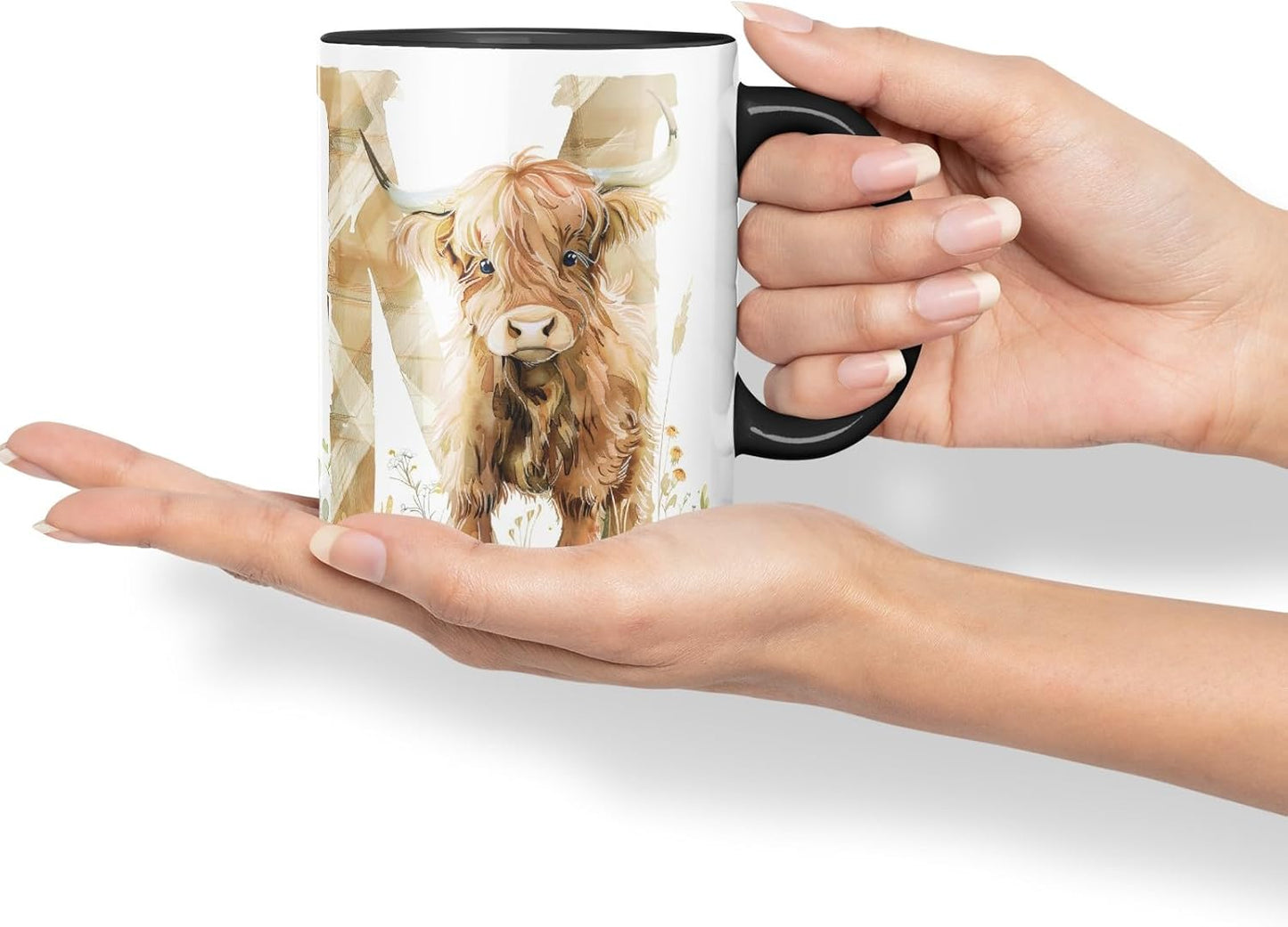 Vixar Highland Cow Alphabet Monogram Coloured Ceramic Cup Mug – Letter N – Rustic Farmhouse Animal Letter Gift – 11oz (Black)