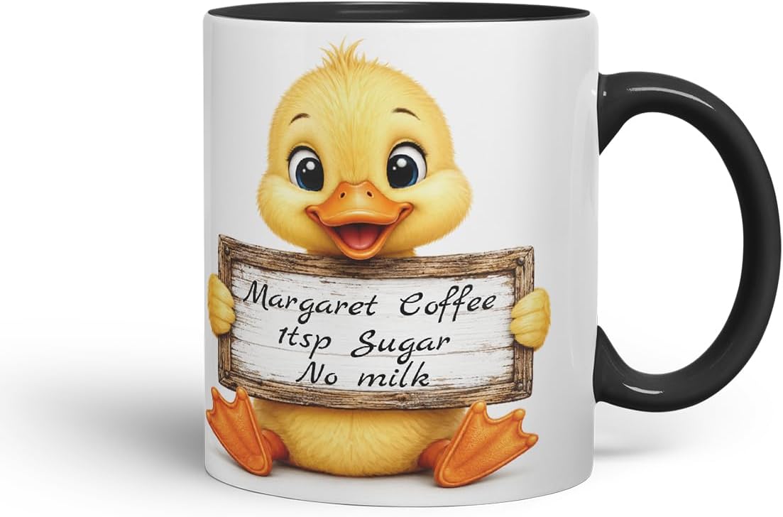 Vixar Personalised Duckling Mug with Name or Custom Message – Cute Animal Coloured Ceramic Mug Cup Gift, 11oz (Black)