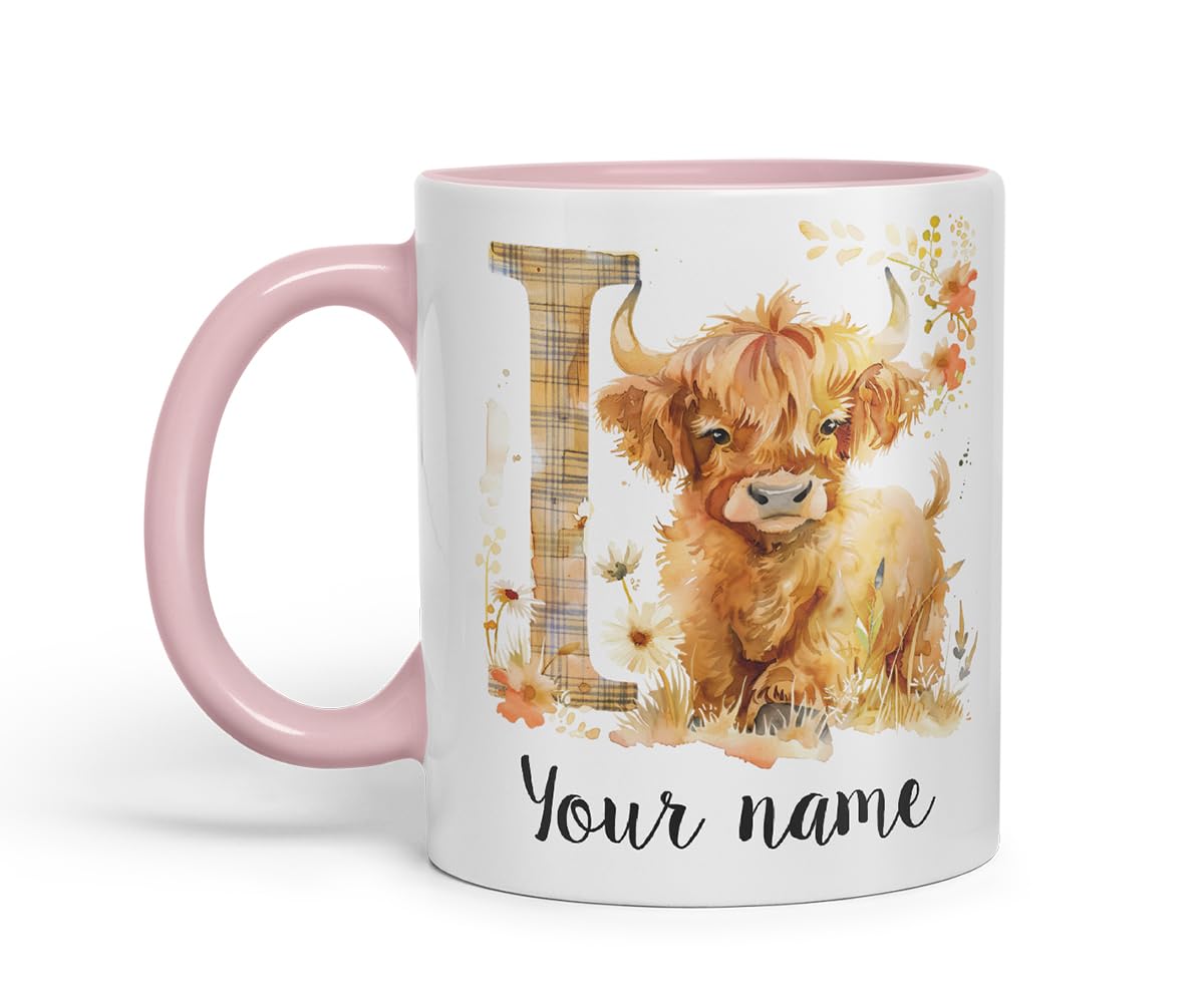 Vixar Personalised Highland Cow Initial Letter I Custom Name Mug – Coloured Ceramic Mug Cup Gift, 11oz (Black)