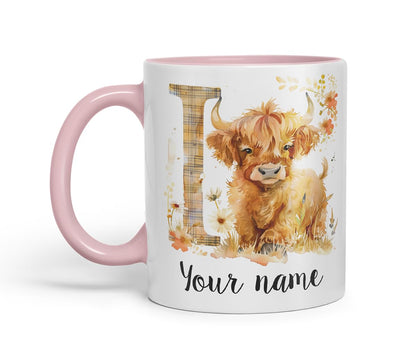 Vixar Personalised Highland Cow Initial Letter I Custom Name Mug – Coloured Ceramic Mug Cup Gift, 11oz (Black)