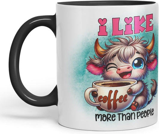 Vixar I Like Coffee More Than People Highland Cow Coloured Ceramic Mug Cup Gift for Coffee Lovers 11oz (Black)