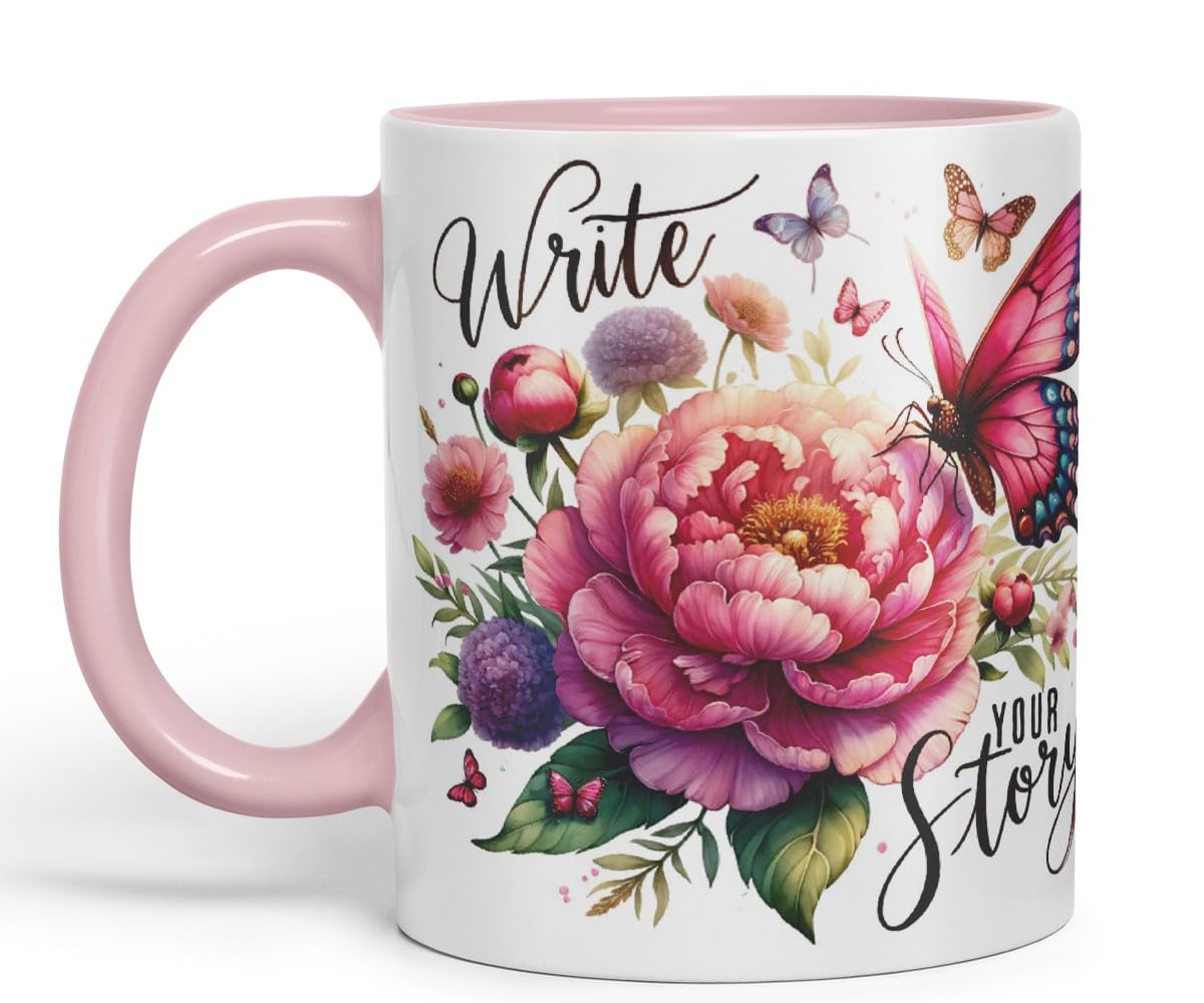 Vixar Write Your Story Butterfly Coloured Mug Cup Floral Inspirational Gift 11oz (Black)
