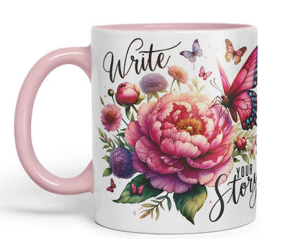 Vixar Write Your Story Butterfly Coloured Mug Cup Floral Inspirational Gift 11oz (Black)