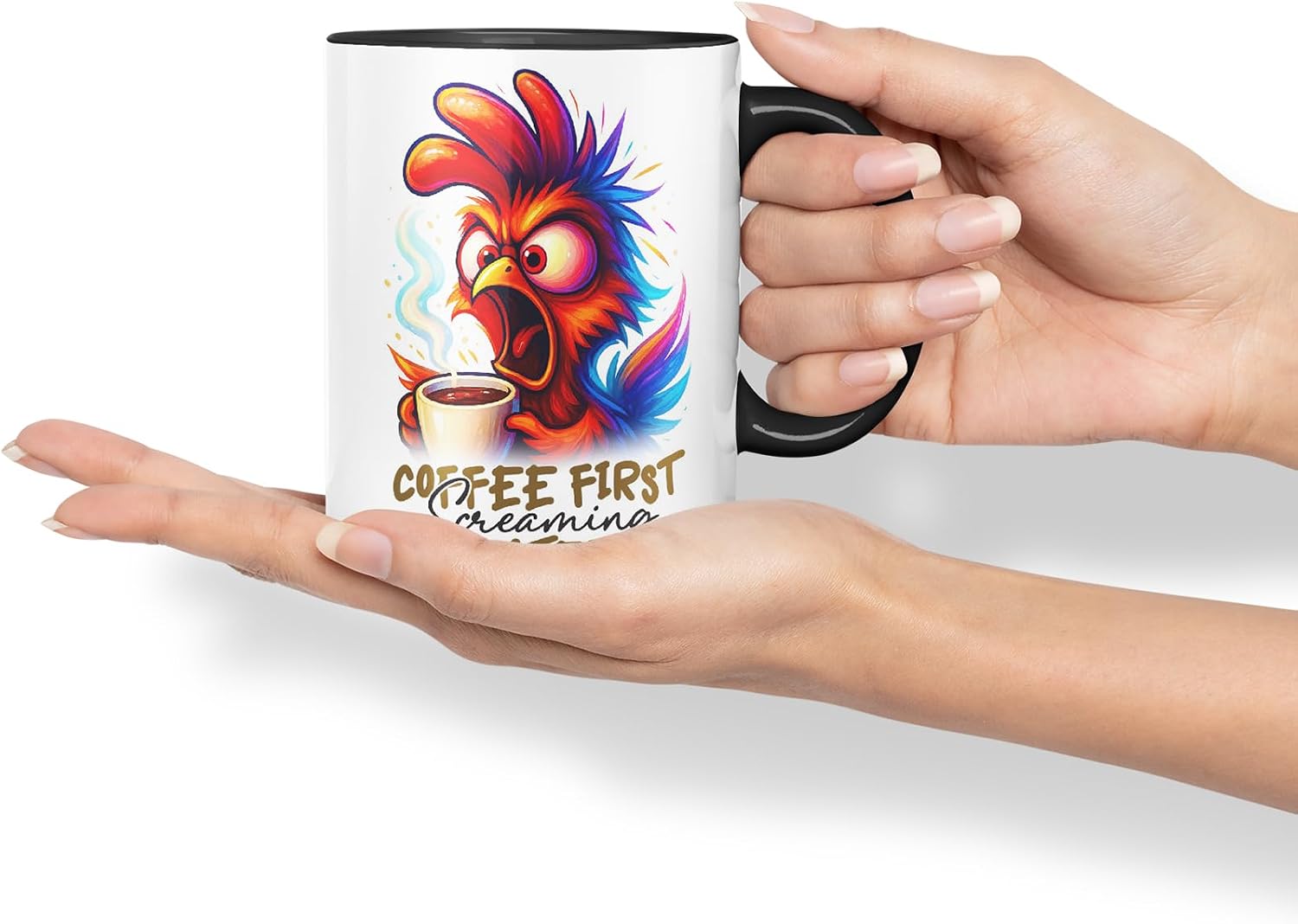 Vixar Coffee First Screaming Later Funny Chicken Mug – Coloured Ceramic Mug Cup Gift, 11oz (Black)