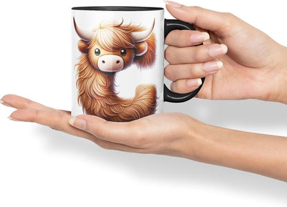 Highland Cow Alphabet Monogram Coloured Ceramic Cup Mug Letter C Rustic Farmhouse Animal Letter Gift V2 11oz (Black)