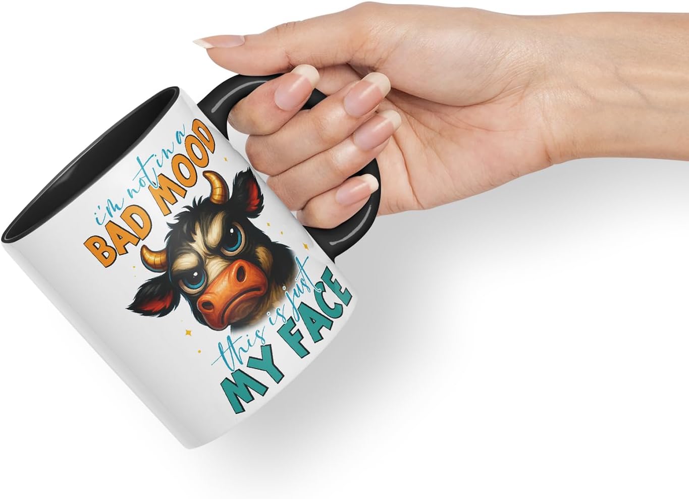 Vixar I'm Not in A Bad Mood This is Just My Face Sarcastic Cow – Coloured Ceramic Mug Cup Gift, 11oz (Black)