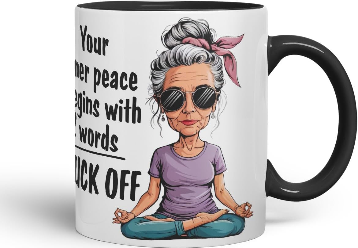 Vixar Your Inner Peace Begins with 2 Words – F*ck Off – Coloured Ceramic Mug Cup Gift, 11oz (Black)