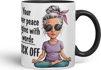 Vixar Your Inner Peace Begins with 2 Words – F*ck Off – Coloured Ceramic Mug Cup Gift, 11oz (Black)