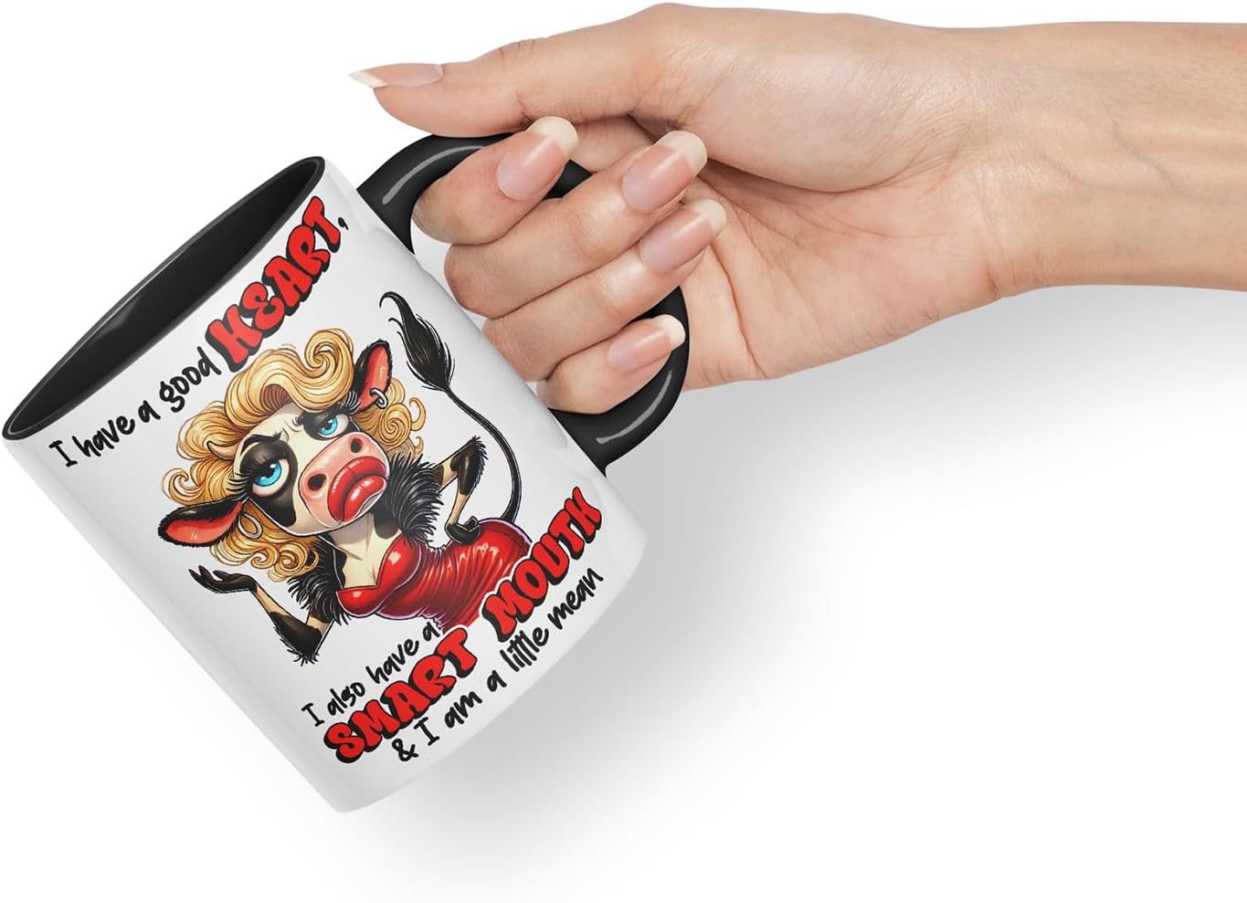 Vixar I Have a Good Heart But This Mouth Funny Cow – Coloured Ceramic Mug Cup Gift, 11oz (Black)