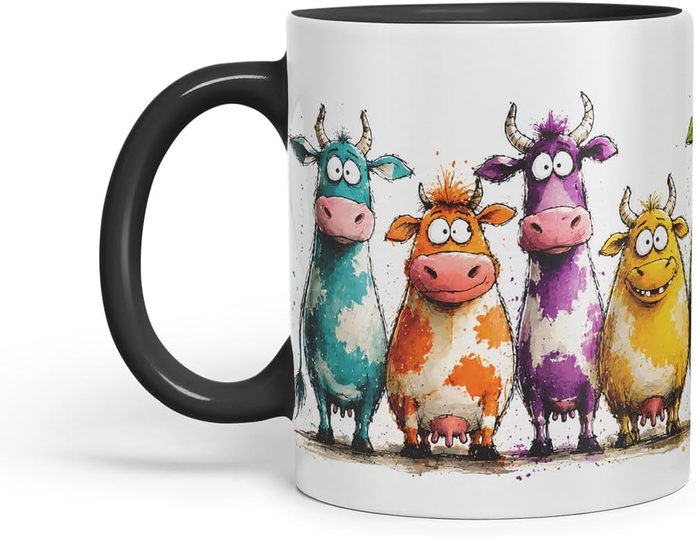Vixar Funny Cow Mug – Cute Farm Cow Animal Coloured Ceramic Mug Cup Gift, 11oz (Black)