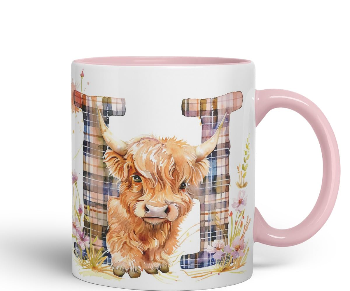 Vixar Highland Cow Alphabet Monogram Coloured Ceramic Cup Mug – Letter H – Rustic Farmhouse Animal Letter Gift – 11oz (Black)