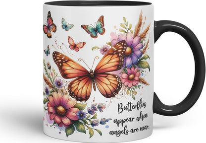 Vixar Butterflies Appear When Angels are Near Coloured Mug Cup Butterfly Floral Memorial Gift 11oz (Black)