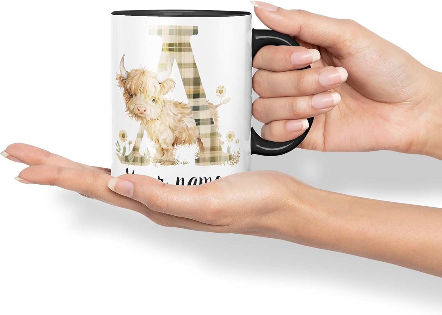 Vixar Personalised Highland Cow Initial Letter A Custom Name Mug – Coloured Ceramic Mug Cup Gift, 11oz (Black)