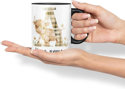 Vixar Personalised Highland Cow Initial Letter A Custom Name Mug – Coloured Ceramic Mug Cup Gift, 11oz (Black)