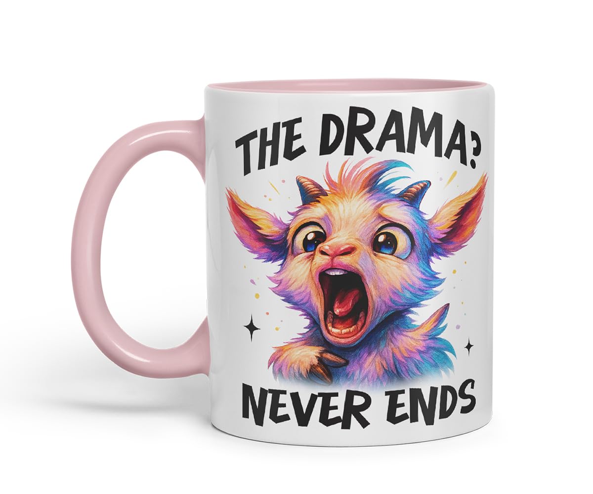 Vixar The Drama Never Ends Sarcastic Goat – Coloured Ceramic Mug Cup Gift, 11oz (Black)