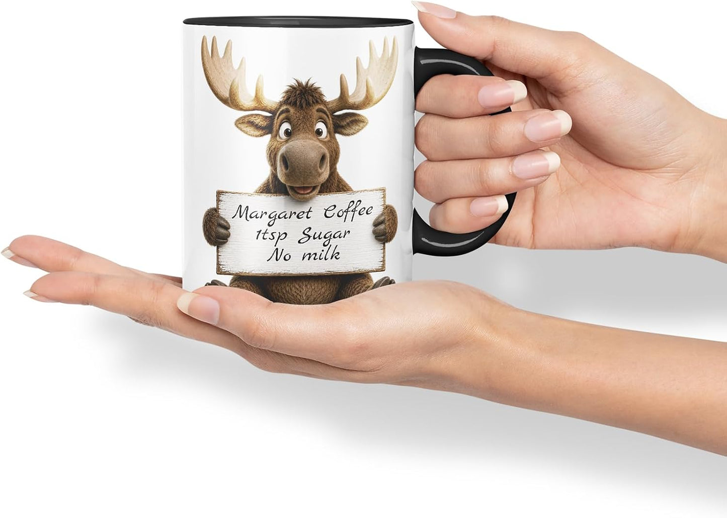 Vixar Personalised Moose Mug with Name or Custom Message – Cute Animal Coloured Ceramic Mug Cup Gift, 11oz (Black)