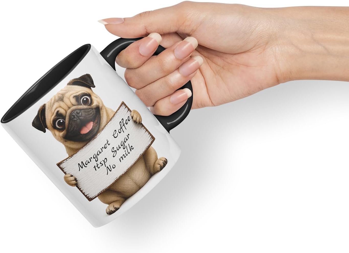 Vixar Personalised Pug Mug with Name or Custom Message – Cute Animal Coloured Ceramic Mug Cup Gift, 11oz (Black)