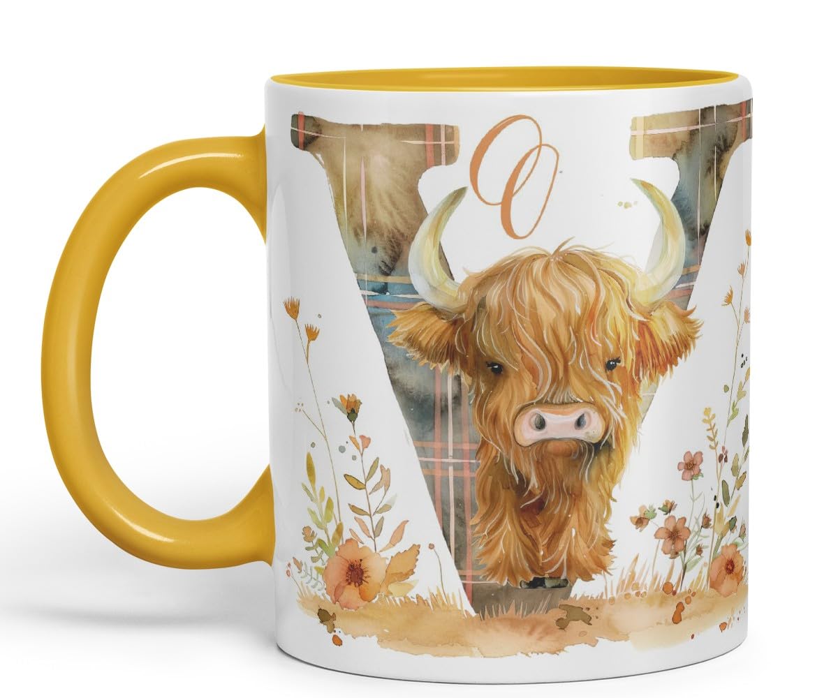 Vixar Highland Cow Alphabet Monogram Coloured Ceramic Cup Mug – Letter V – Rustic Farmhouse Animal Letter Gift – 11oz (Black)