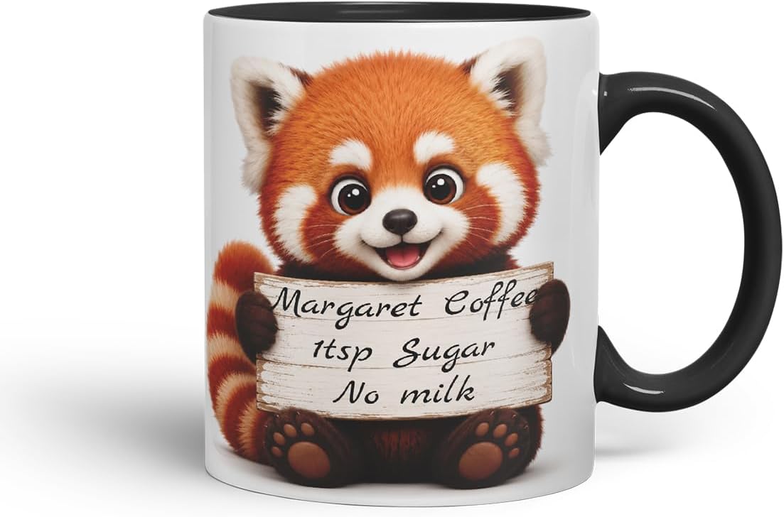 Vixar Personalised Red Panda Mug with Name or Custom Message – Cute Animal Coloured Ceramic Mug Cup Gift, 11oz (Black)