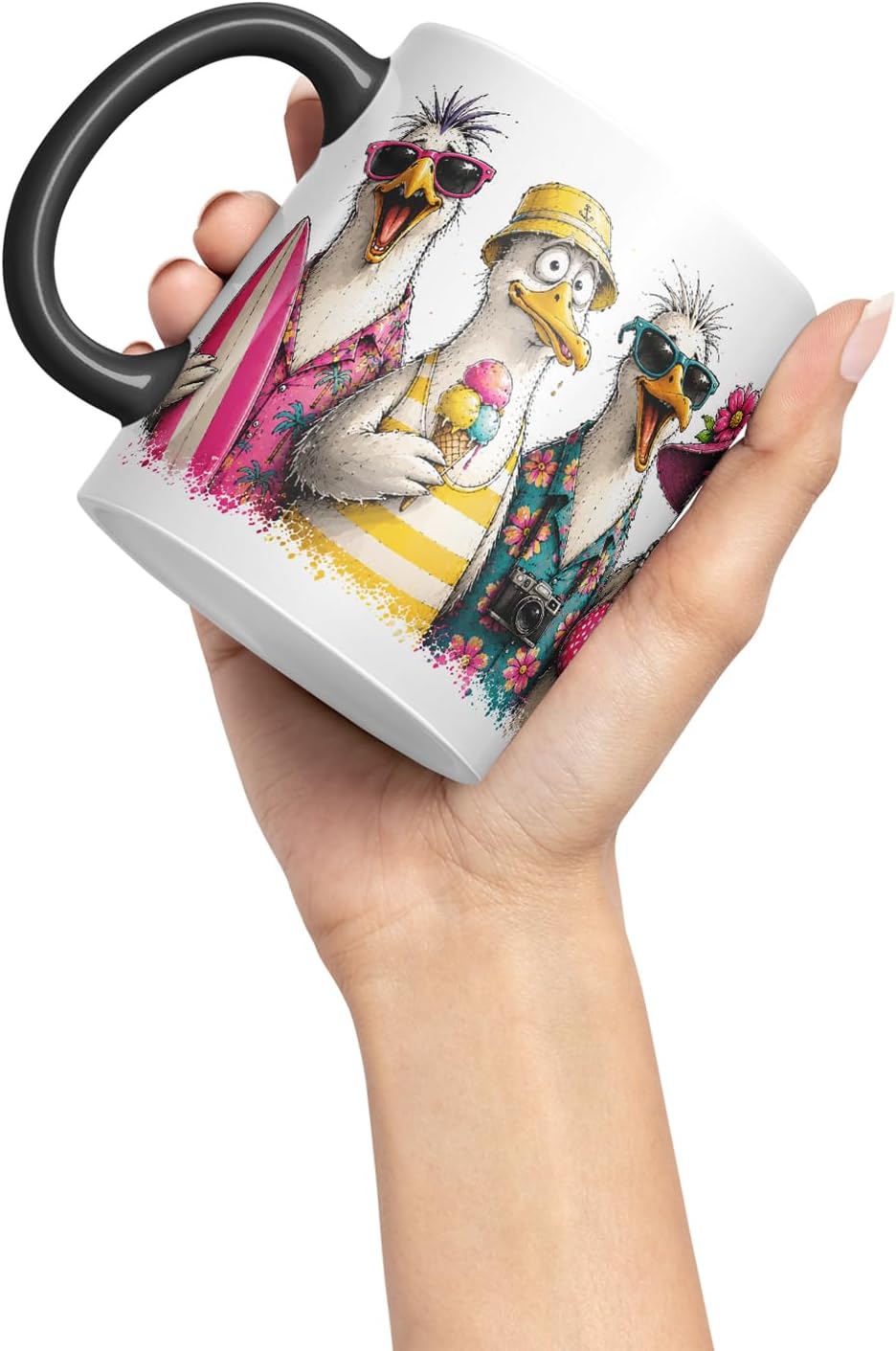 Vixar Beach Seagulls Mug – Funny Sea Bird Coloured Ceramic Mug Cup Gift, 11oz (Black)