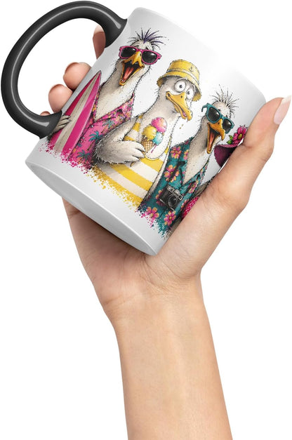 Vixar Beach Seagulls Mug – Funny Sea Bird Coloured Ceramic Mug Cup Gift, 11oz (Black)
