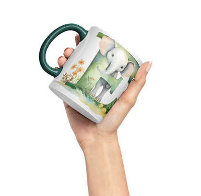 Letter E mug, Animals Alphabet Letter E Monogram animal for kids Ceramic Coloured Mug Cup for Tea Coffee Hot brew 330ml 11Oz Gift