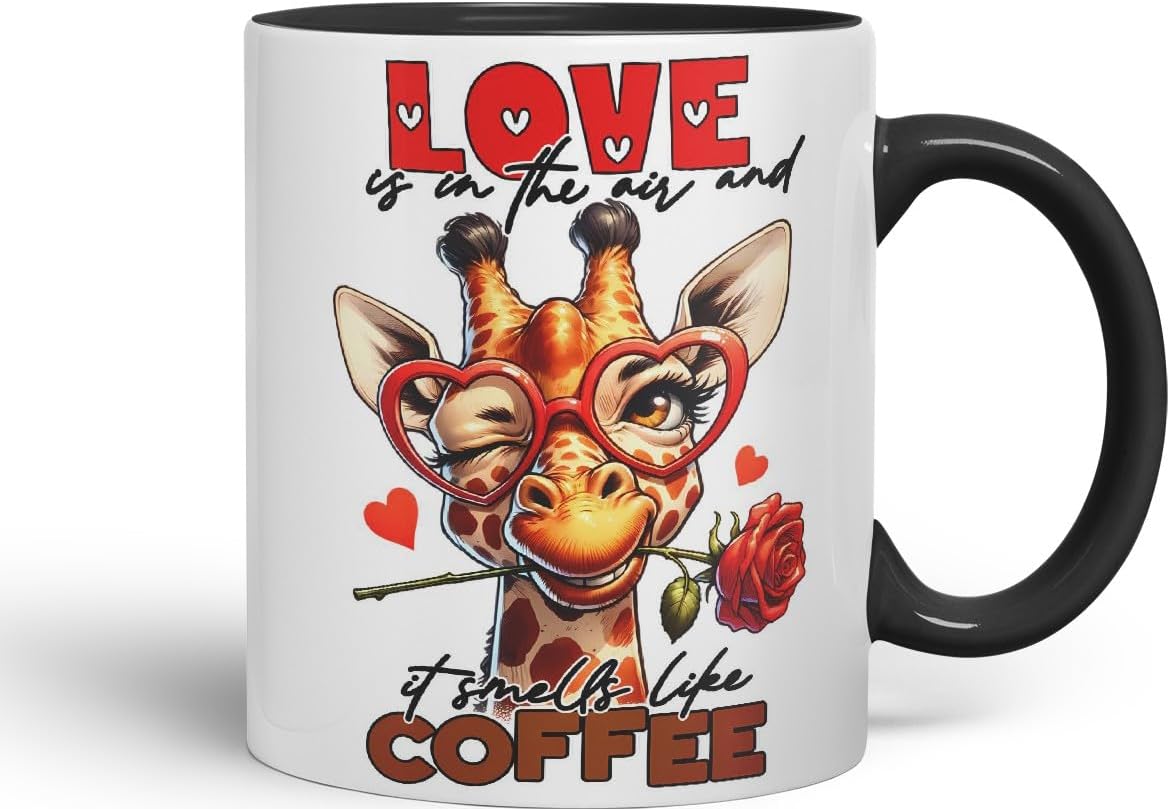 Vixar Love is in The Air and It Smells Like Coffee Sarcastic Giraffe Mug, Coloured Ceramic Cup 11oz (Black)