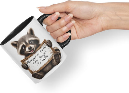 Vixar Personalised Raccoon Mug with Name or Custom Message – Cute Animal Coloured Ceramic Mug Cup Gift, 11oz (Black)