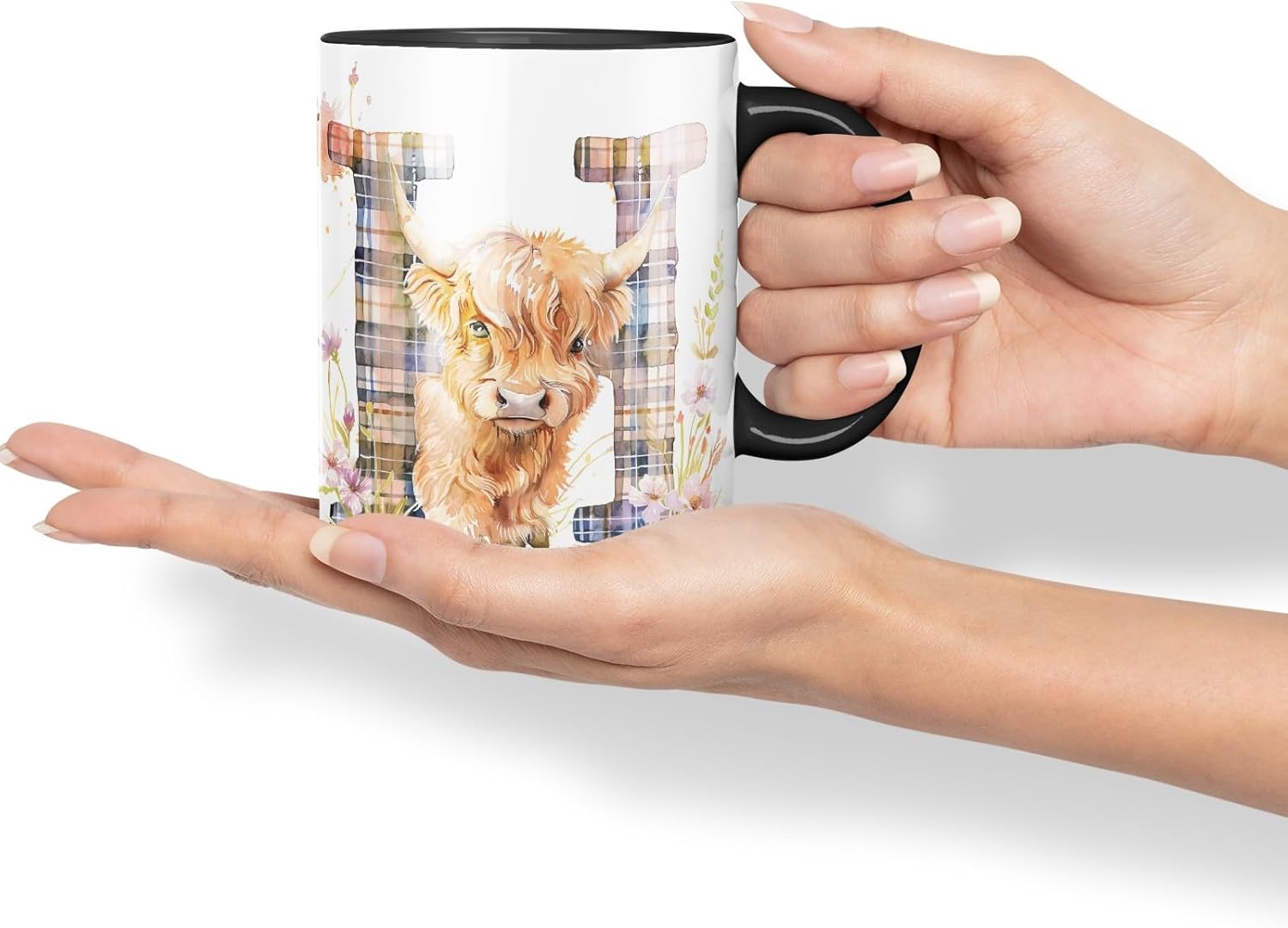 Vixar Highland Cow Alphabet Monogram Coloured Ceramic Cup Mug – Letter H – Rustic Farmhouse Animal Letter Gift – 11oz (Black)