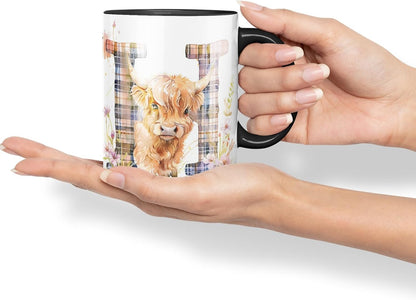 Vixar Highland Cow Alphabet Monogram Coloured Ceramic Cup Mug – Letter H – Rustic Farmhouse Animal Letter Gift – 11oz (Black)