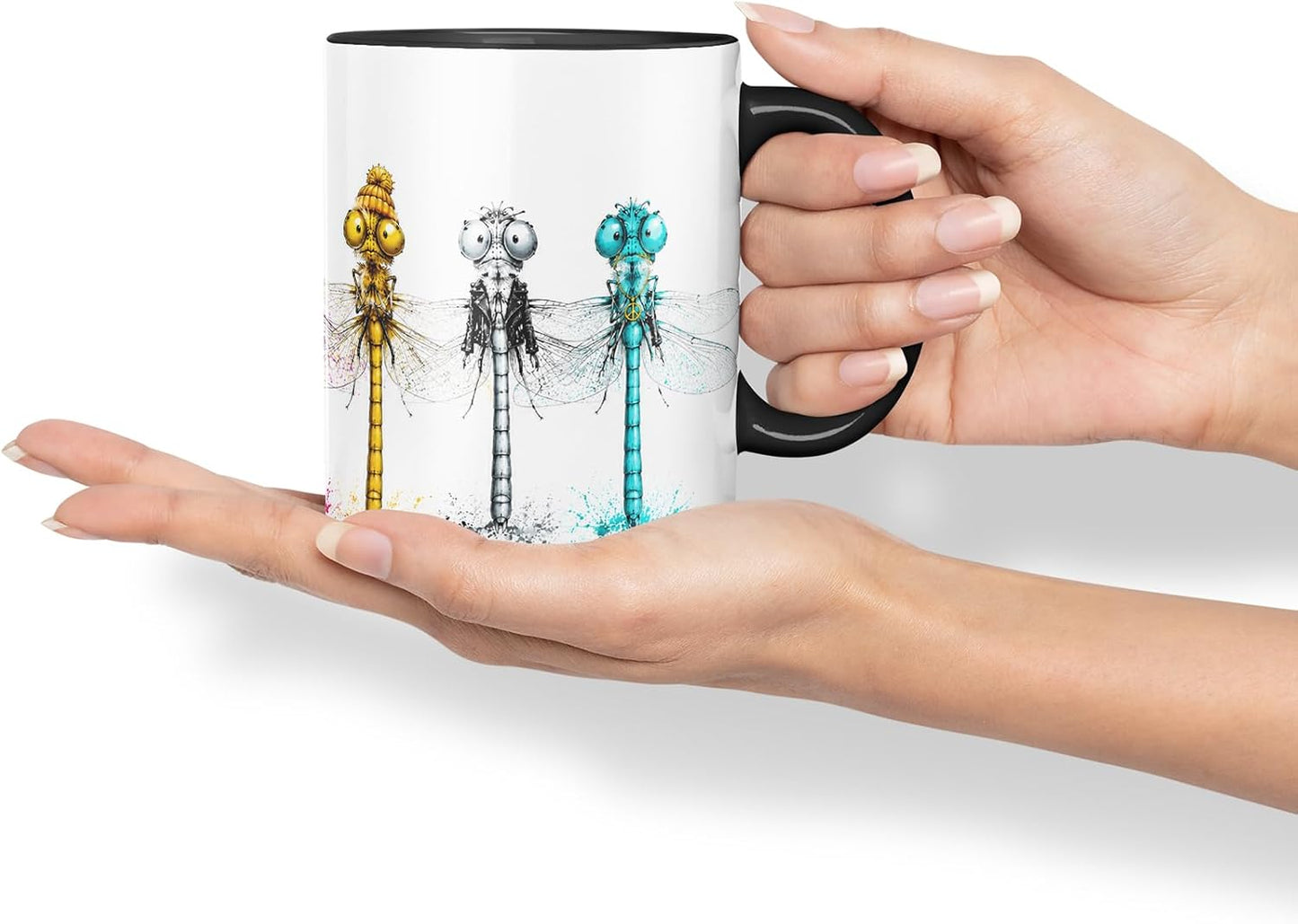 Vixar Dragonfly Mug – Cute Dragonfly Animal Coloured Ceramic Mug Cup Gift, 11oz (Black)