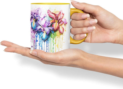 Vixar Iris Watercolour Garden Mug Coloured Ceramic Mug Cup Gift, 11oz (Gold Yellow)